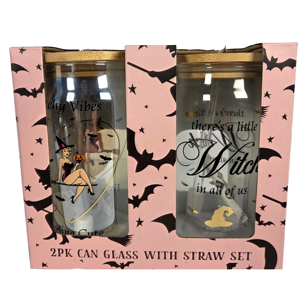Halloween Witch Can Glass Set of 2 Bamboo Lids Straws Bats Witchy Vibes Retro
